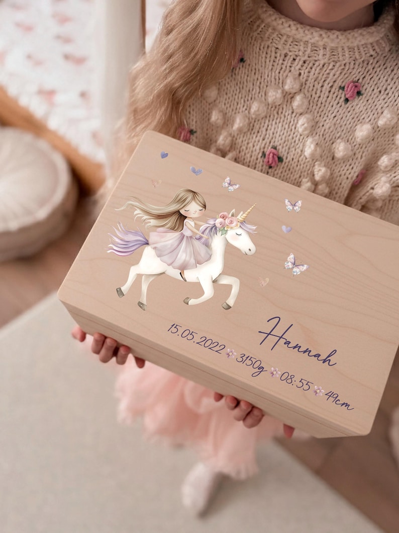 personalized Wooden baby memory box with a name birth details and unicorn ilustration