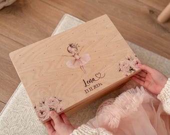 Gepersonaliseerde Herinneringsdoos Ballerina | Houten Memory Box Meisje | Cadeau Doop & 1e Verjaardag