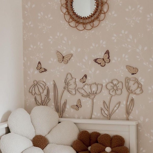 Fleurs sauvages au bois | Fleurs en bois de décor de pépinière | décoration murale de pépinière | Holzblumen Basteldekoration | Fleurs sauvages | papillons en bois |