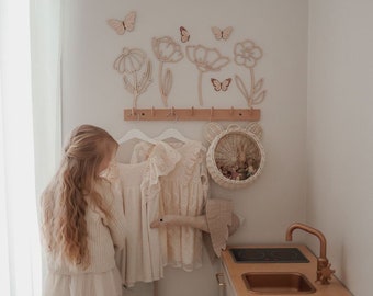 Wooden Flowers Butterflies Wanddeko Fleurs Murales Boho Nursery Deko Chambre Bébé Geschenk Handmade Décoration Bois