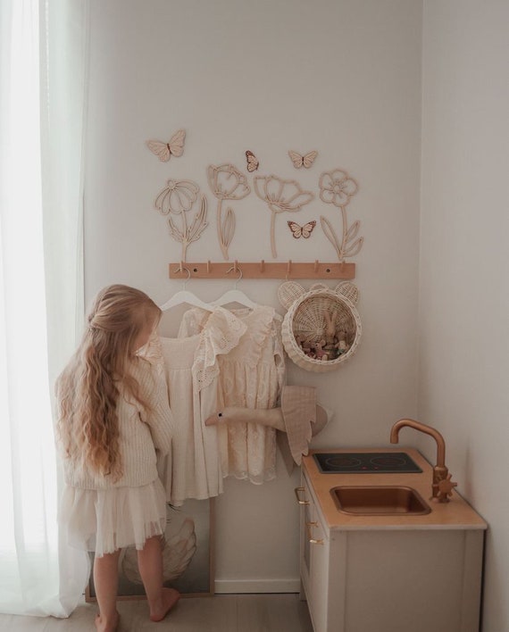 Wooden Flowers Butterflies Wanddeko Fleurs Murales Boho Nursery Deko Chambre Bébé Geschenk Handmade Décoration Bois