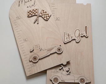 Misuratore di crescita in legno “Little Racer” personalizzato | Decor cameretta tema auto da corsa | Toise artigianale per bambini