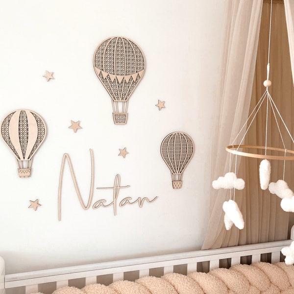 Mongolfiere con nome, Decorazione da parete, Deko für Kinderzimmer, Palloncino in rattan, Heißluftballon