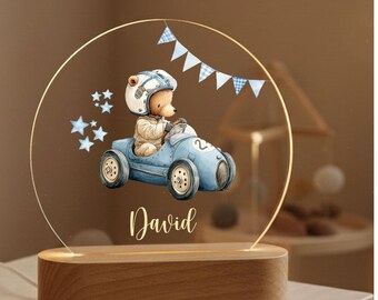 Personalized Kids Night Light Teddy Bear Race Car Baby Boy Gift for Christening