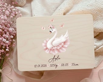 Gepersonaliseerde houten herinneringsdoos met zwaan | Baby Memory Box | Gepersonaliseerd kraamcadeau | Kinderkamer decoratie