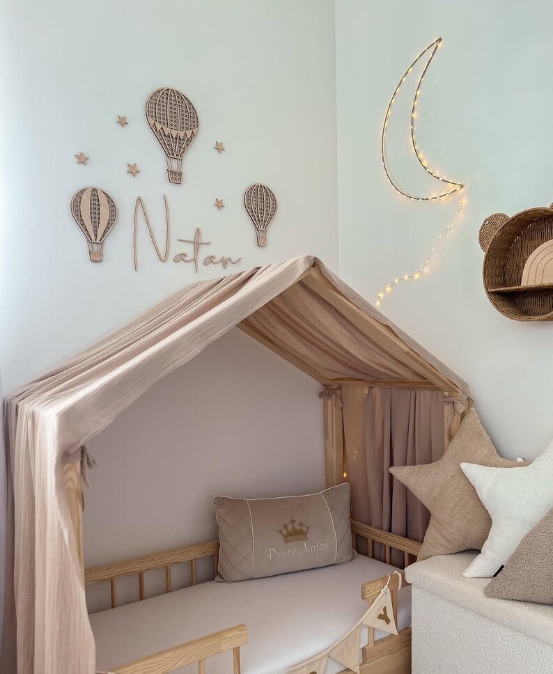 Globos aerostáticos con nombre, Decoración de pared, Deko für Kinderzimmer, Globo de ratán, Heißluftballon | globo de aire comprimido en madera de holz imagen 5