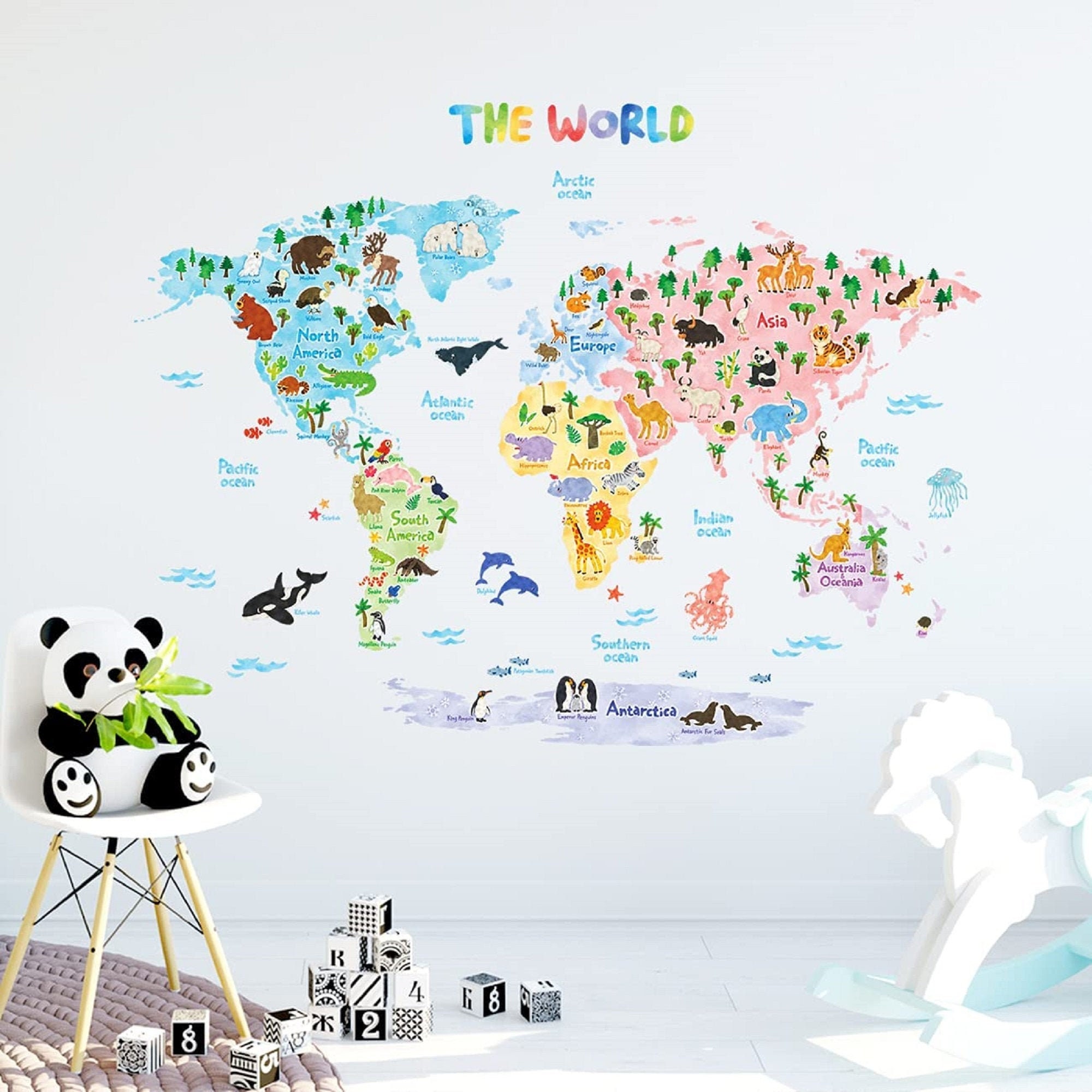 Decowall DL-1509G Modern Grey World Map Kids Wall Decals Wall Stickers Peel and Stick Removable Wall Stickers for Kids Nursery Bedroom Living Room Large 