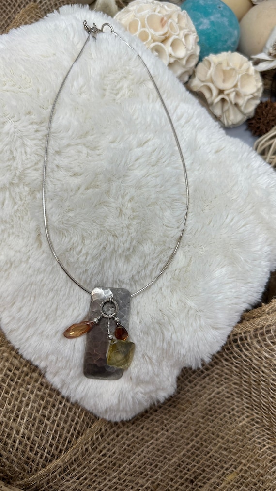 Hammered silver Pendant - Necklace with Jewels