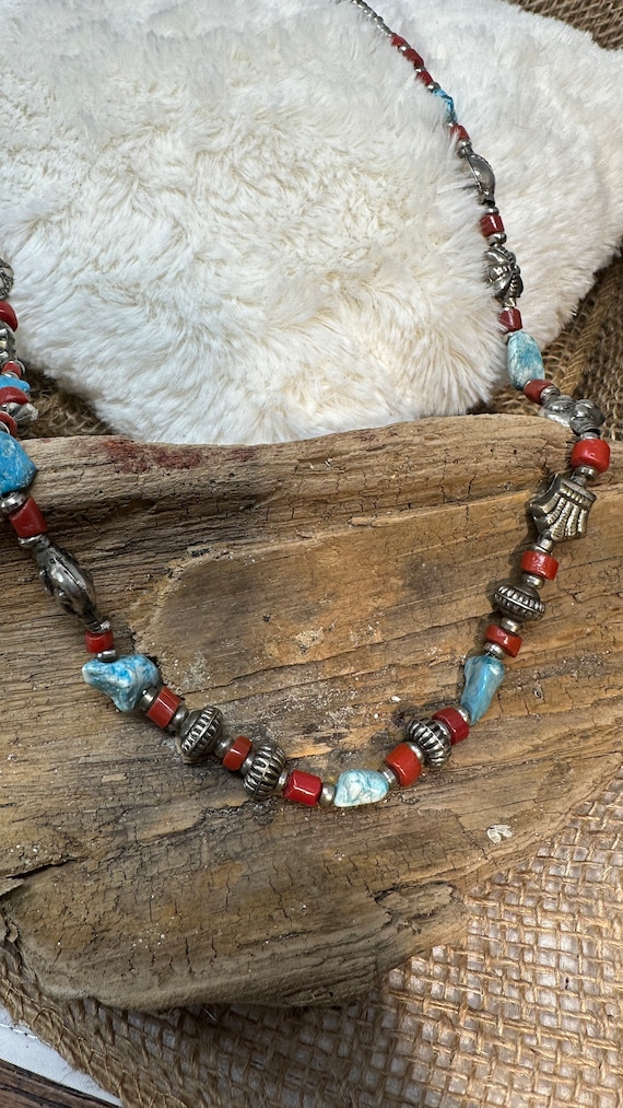 Long Red, Blue and Silver Colored Beaded Necklace