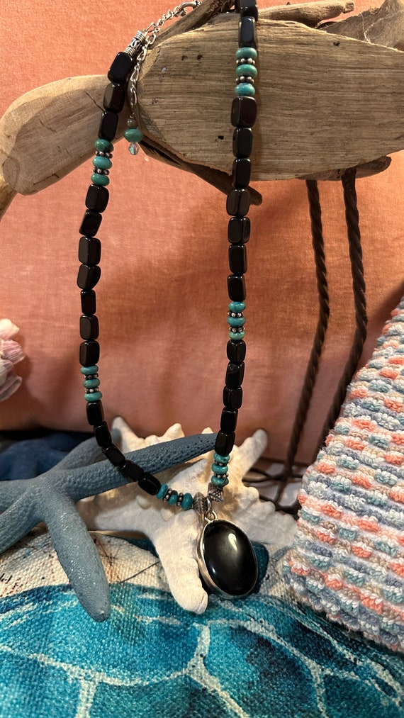 Black Agate (onyx) "turquoise" Bead Necklace 925 … - image 4