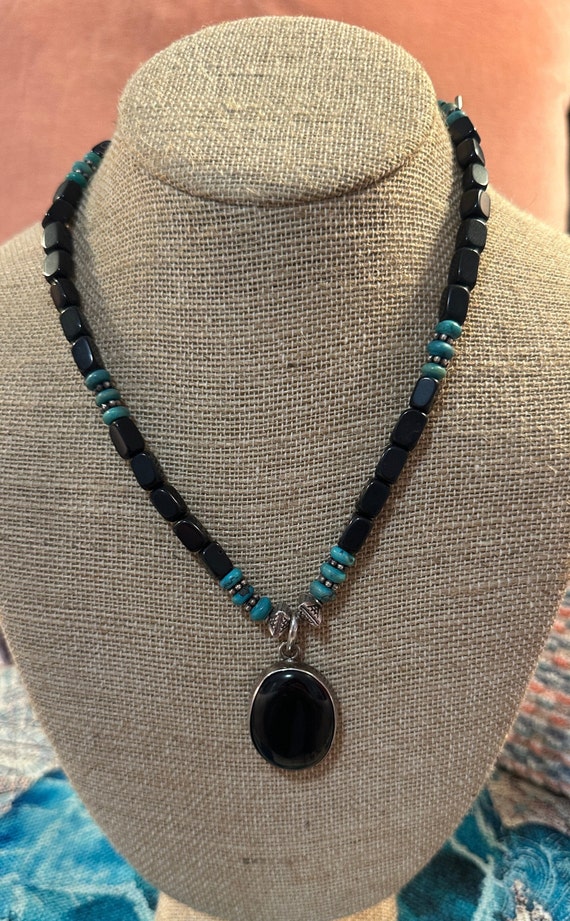 Black Agate (onyx) "turquoise" Bead Necklace 925 a