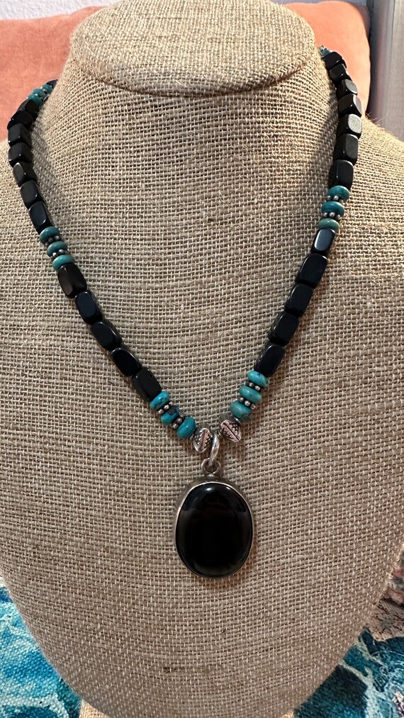 Black Agate (onyx) "turquoise" Bead Necklace 925 … - image 2