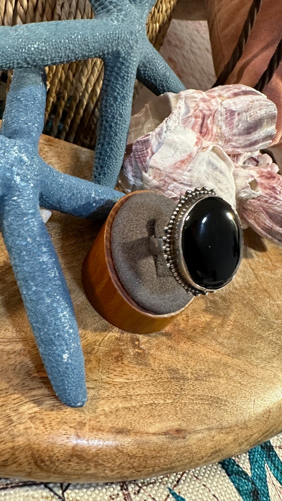 Large Black Agate Onyx and Silver Ring