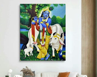 Original Krishna Painting, Handmade Acrylic Canvas Art, Hindu God Wall Decor