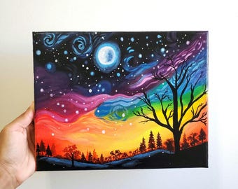 Peinture de paysage aux couleurs vives, peinture acrylique faite main originale, cadeau de décoration murale colorée, oeuvre d'art sur toile nature vibrante, peinture de couleur vive pour la maison