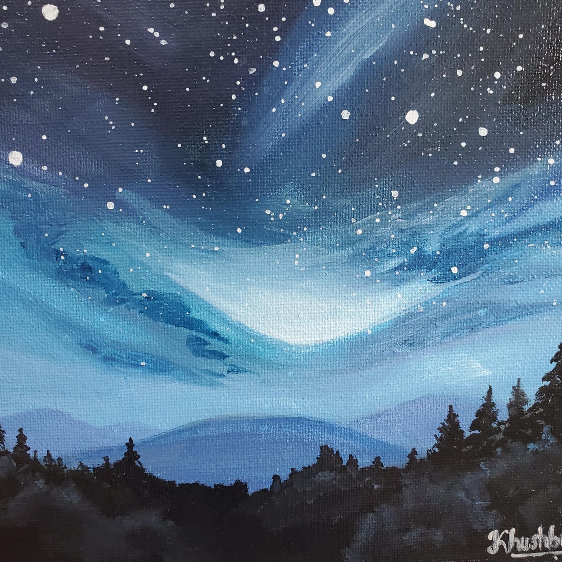 Starry Night Sky Scenery Painting, Original Handmade Acrylic Painting