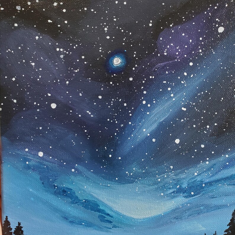 Starry Night Sky Scenery Painting, Original Handmade Acrylic Painting