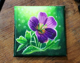 Paarse bloemschilderij, originele acrylbloemkunst, 4 x 4 canvas