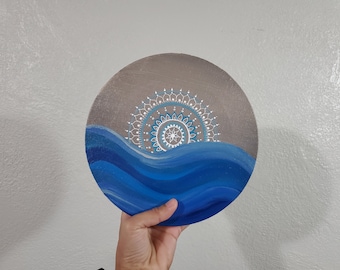 Mandala Original Handmade Creative Painting | Mandala Art | Wall Decor | Sun Mandala Over Ocean Waves Acrylic Art | Blue Mandala Painting