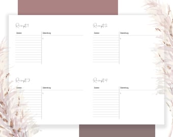 Recipe Templates, Print, Din A6, Recipe Template for Printing, Bullet Journal, Organizer, Recipe, Digital, Download, Template, Gift, German