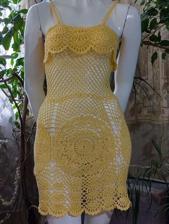 white christmas dresses Andreeva Butter Yellow Chrysanthemum Midi Handmade Crochet Dress