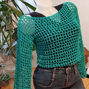 Crochet Bright Green  Blouse, Fishnet Shrug, Long Sleeves Crochet  Blouse, Crochet Mesh Top, Summer Blouse,Boho Clothing,Hippie Blouse,