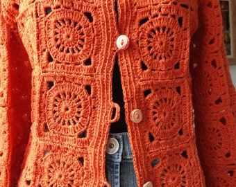 Crochet Cardigan Handmade, Sweater Blouse, Long Sleeves Orange Cardigan, Women Bohemian Clothing, Granny Square Cardigan