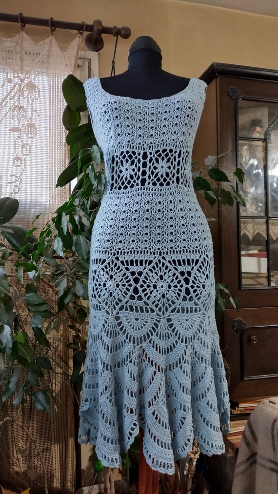 hand knit crochet dress Hand- Crocheted Sleeveless Dress: Blue Cotton Bohemian Knit,made to Order available-4x
