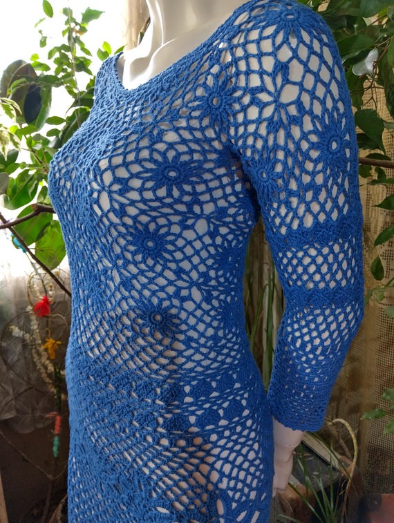 blue crochet dress long sleeve Bonvoyette Women Blue Summer Boho Beach Holiday Lace Hollow Long Sleeve  V-Neck Crochet Dress Cover Up,Elegant Casual Vacation Country-Style Resort  Wear Outfits