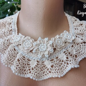 Soft Beige Wedding Crochet Necklace, Cuff Bracelet and earrings, Hand Crochet Accessories Set, Boho Jewelry, Gift for Her