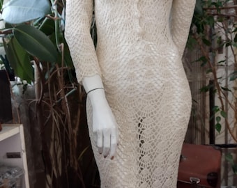 Crochet Handmade Cotton Bohemian Dress: Beige Knitted Lace, Made to Order