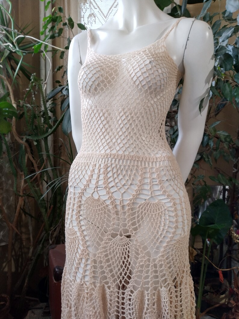 Crochet Long Dress Еcru Color Handmade Dress Spaghetti - Etsy
