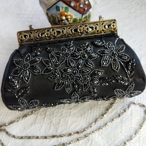 Beaded Black Silk Purse: Vintage Metal Handle Handbag