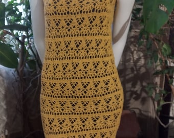 Vestido de verano amarillo de algodón tejido a mano a crochet: encaje bohemio hecho a mano, por encargo.