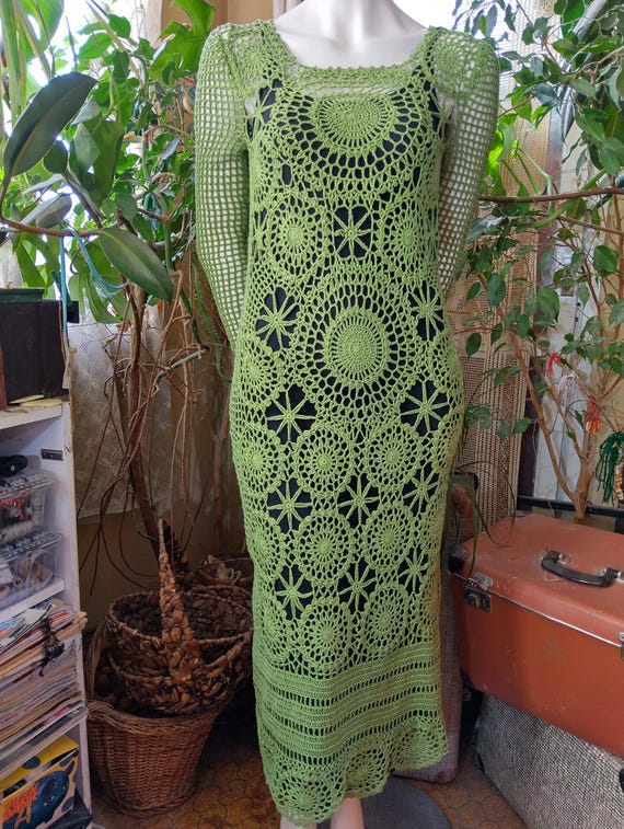 Crochet Handmade Cotton Dress: Irish Lace, Boho Green Knitted Dress,Made to Order