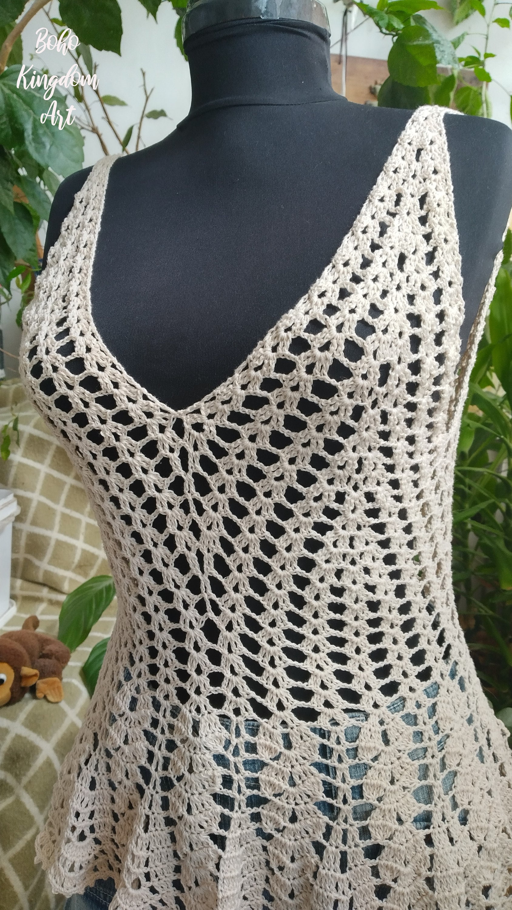 Women's Crochet Cream Top with Square Neck