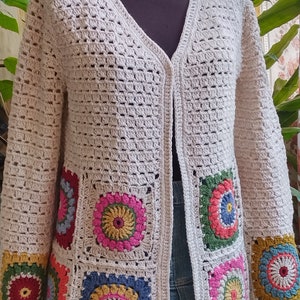 Crochet Cardigan Handmade, Sweater Blouse, Long Sleeves Multicolor Cardigan, Women Bohemian Clothing, Granny Square Cardigan