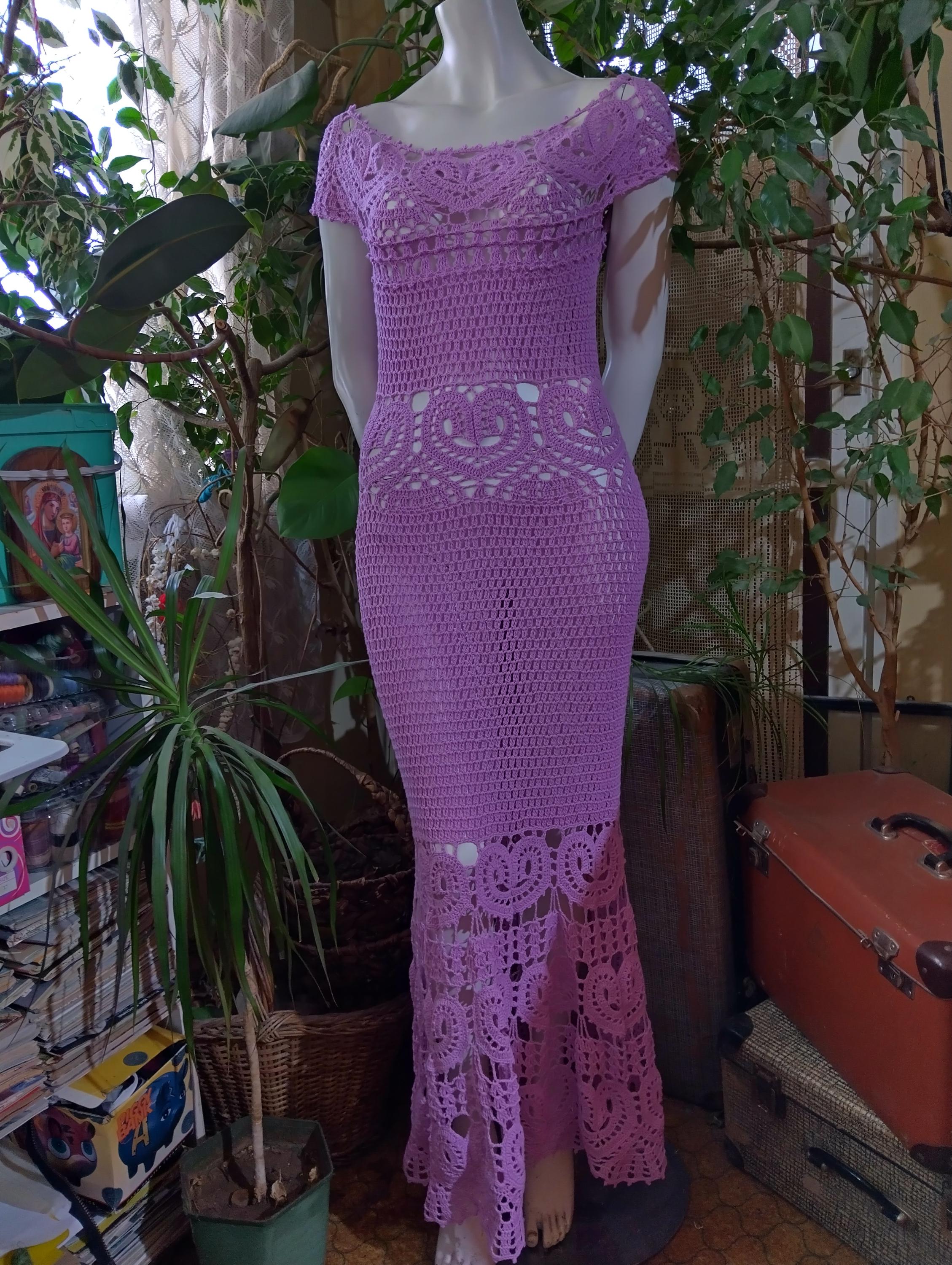 purple crochet lace dress Hand-Crocheted Maxi Violet Short Sleeve Dress , Crochet Lace Dress