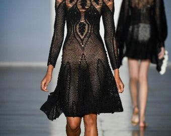 Hand-Crocheted Black Cotton Dress: Bohemian Lace Knit, Made to Order