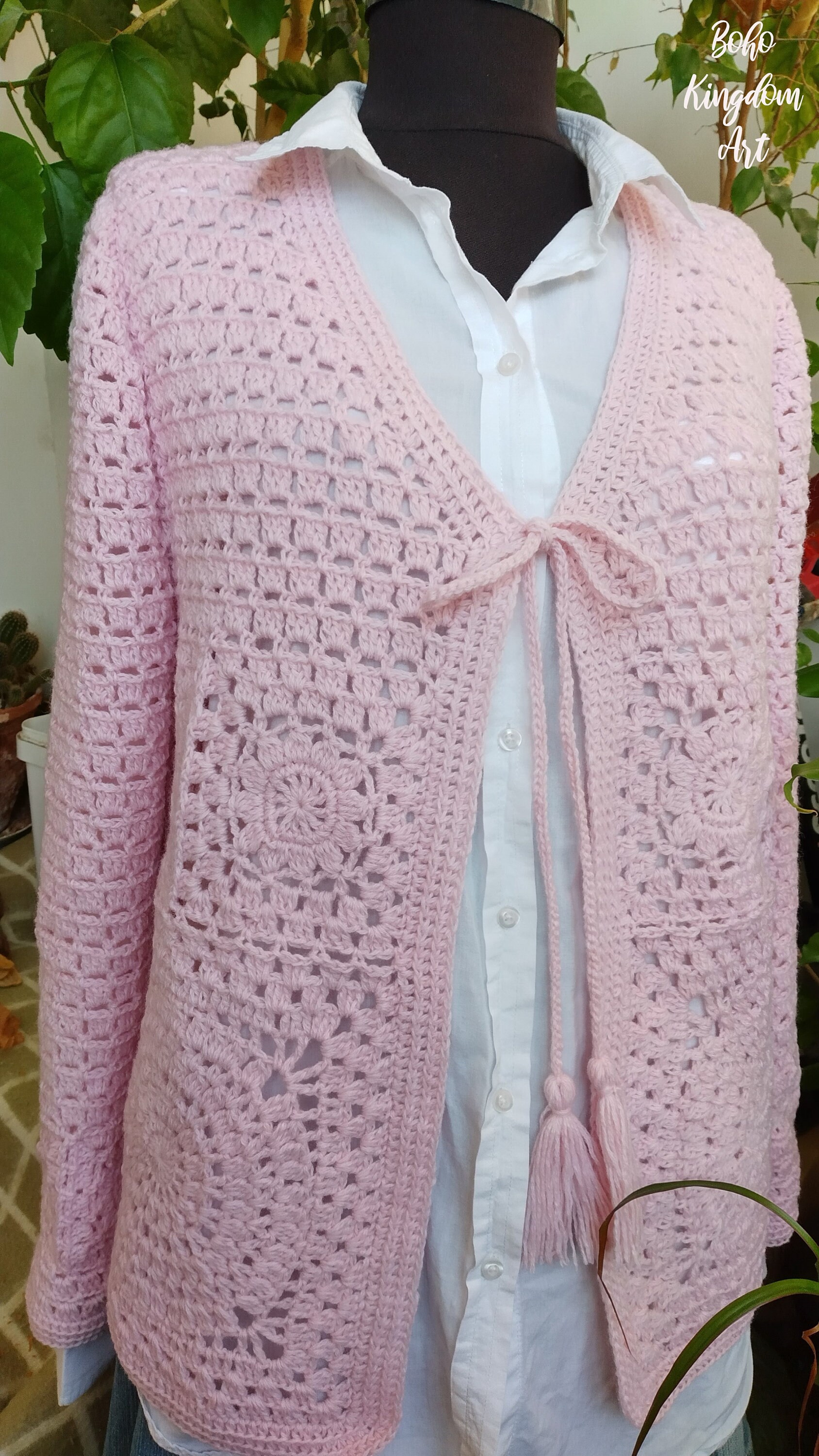Cardigan Rose Carmin Manches Longues - Crochet-tricoté En Mohair Mélangé - Style Mamie Carré - Neuf Sans étiquettes
