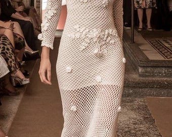 Hand- Crochetеd Maxi Dress: Long Sleeve White Cotton Knit,Made to Order