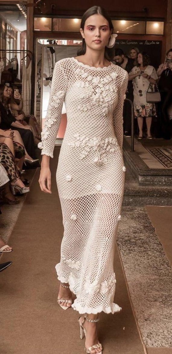 Hand- Crochetd Maxi Dress: Long Sleeve White Cotton Knit