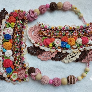 Colorful Crochet Necklace Bracelet Set: Boho Hippie Jewelry