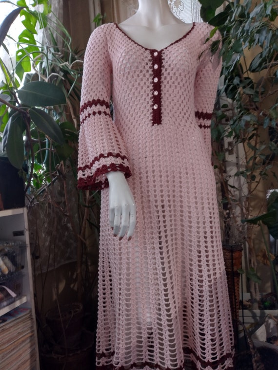 pink crochet dress long sleeve Open Back Mesh Crochet Long-Sleeved Maxi Pink Dress, Pink / M