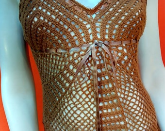 Brown Handmade Cotton Crochet Top: Sleeveless Summer Blouse