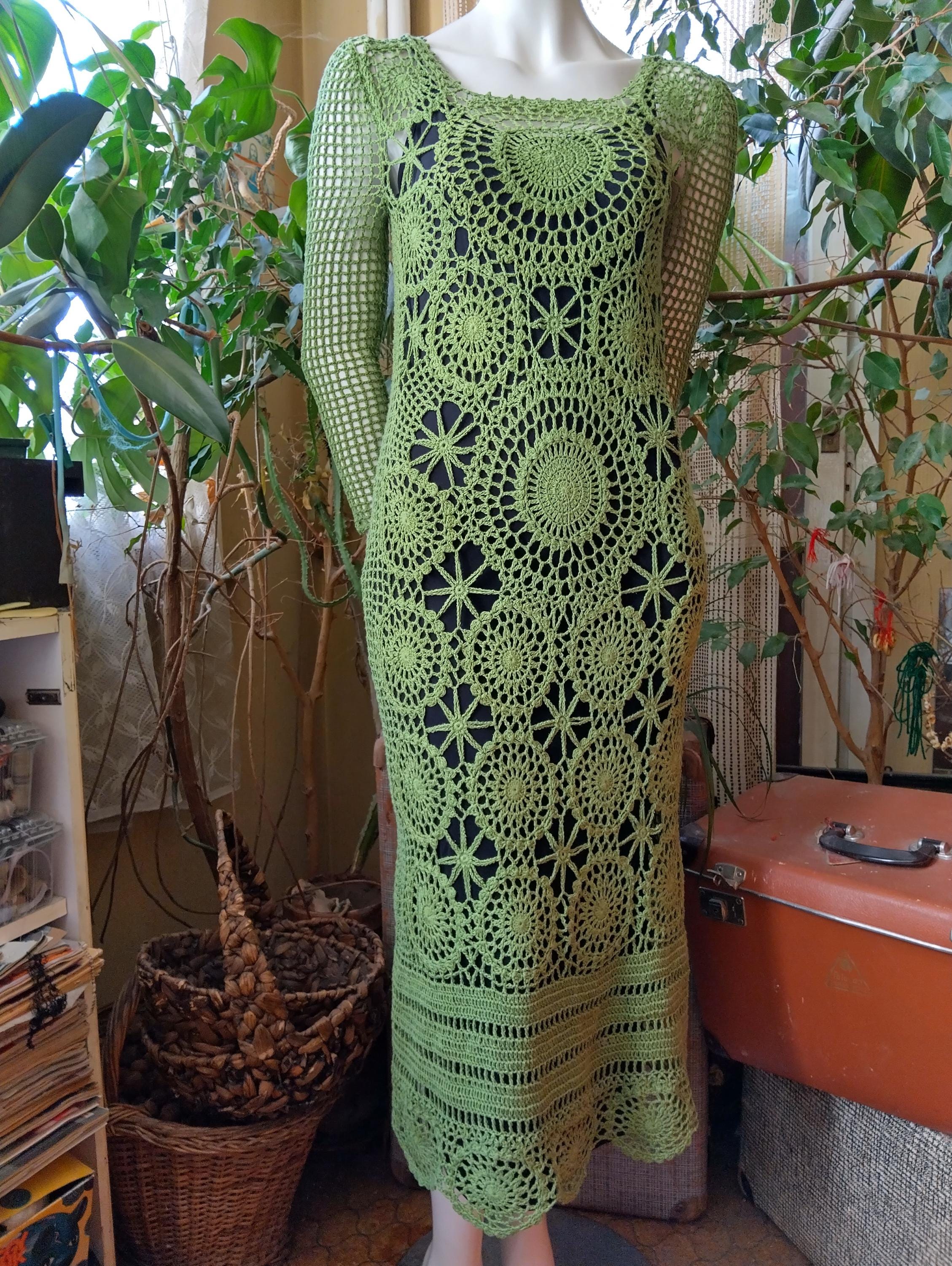 green crochet lace dress GREEN CROCHET LONG SLEEVE DRESS