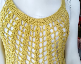 Hand- Crocheted  Cotton Tank Top: Yellow Boho Beach Cover Up