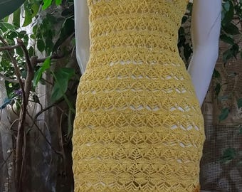 Hand-Crocheted Mini Dress: Yellow Cotton Sleeveless Bohemian Lace