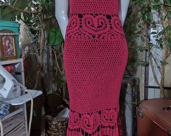 Hand-Crocheted Midi Coral Short Sleeve Dress , Crochet Lace Dress