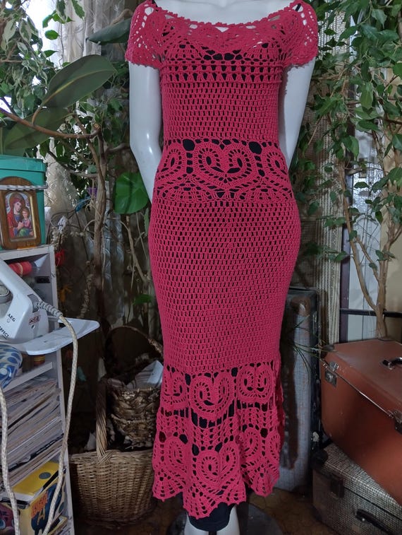Hand-Crocheted Midi Coral Short Sleeve Dress , Crochet Lace Dress